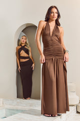 Chocolate Plunge Halterneck Maxi Dress - Fabrizia