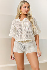 Cream Crochet Scallop Edge Shirt and Short Co-ord Set - Celeste