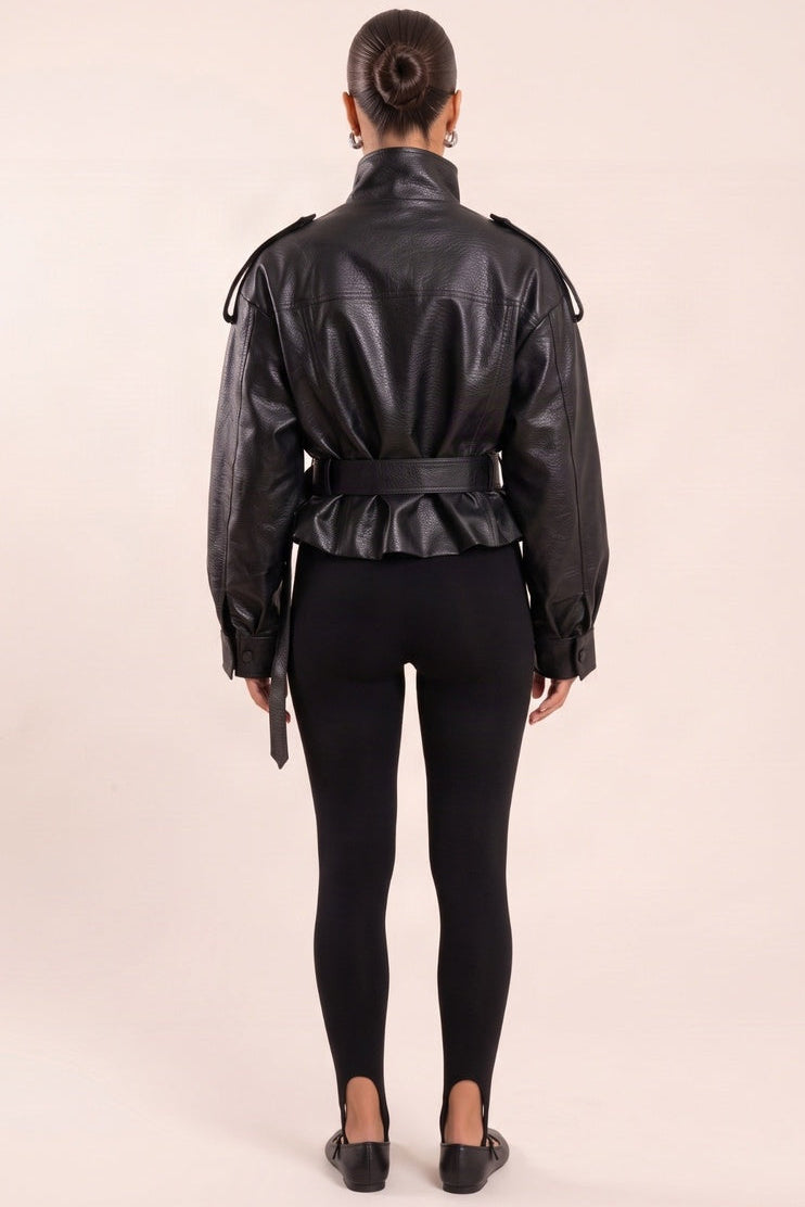 Black Faux Leather Funnel Neck Belted Jacket - Gerri