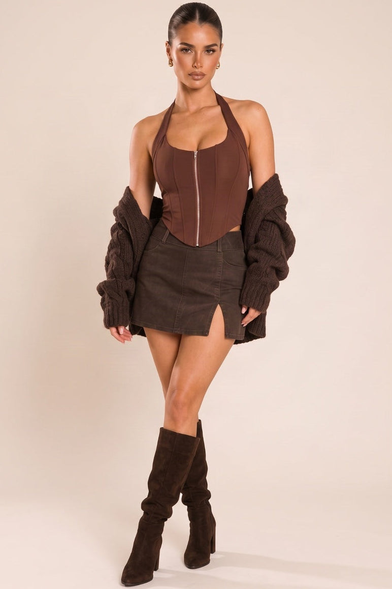 Chocolate Boned Halterneck Corset Top - Muskan