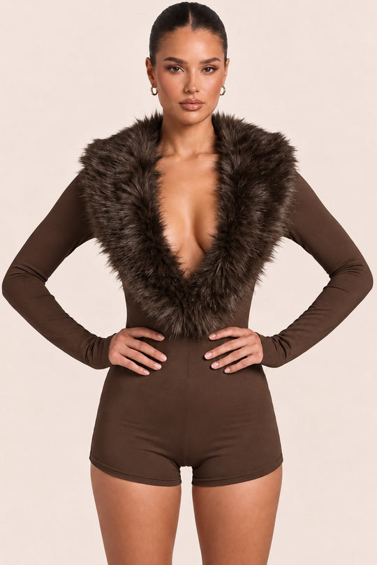 Chocolate Faux Fur Collar Deep Plunge Playsuit - Jennie