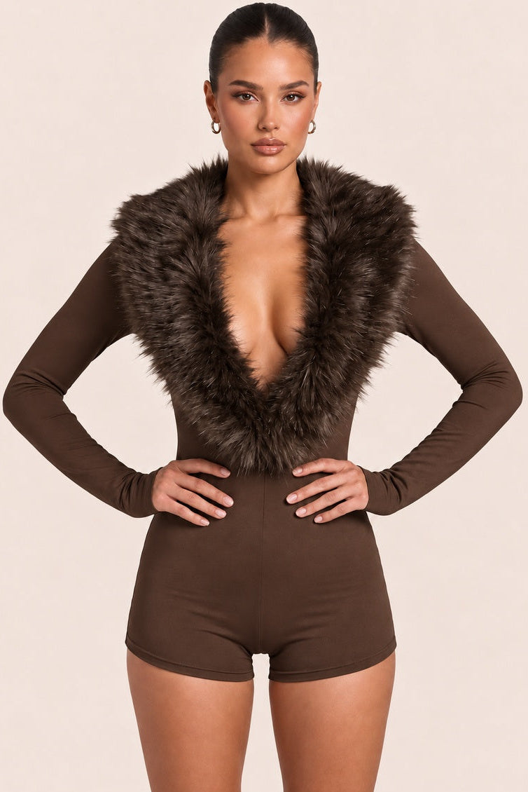 Chocolate Faux Fur Collar Deep Plunge Playsuit - Jennie