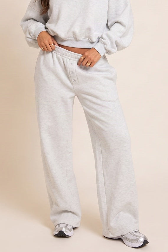 Grey Mid Rise Button Front Wide Leg Joggers - Jerri
