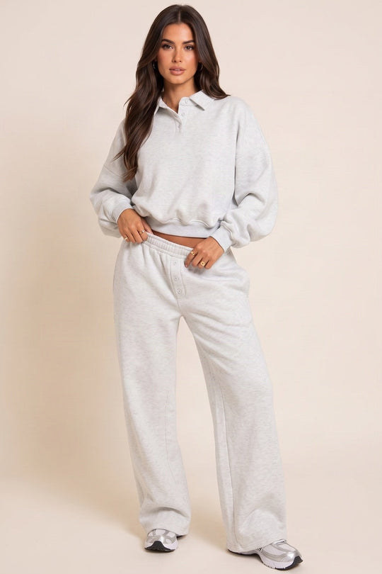 Grey Mid Rise Button Front Wide Leg Joggers - Jerri