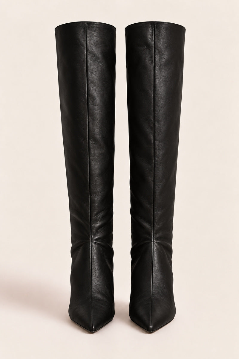 Black PU Stiletto Knee High Boots - Lexi