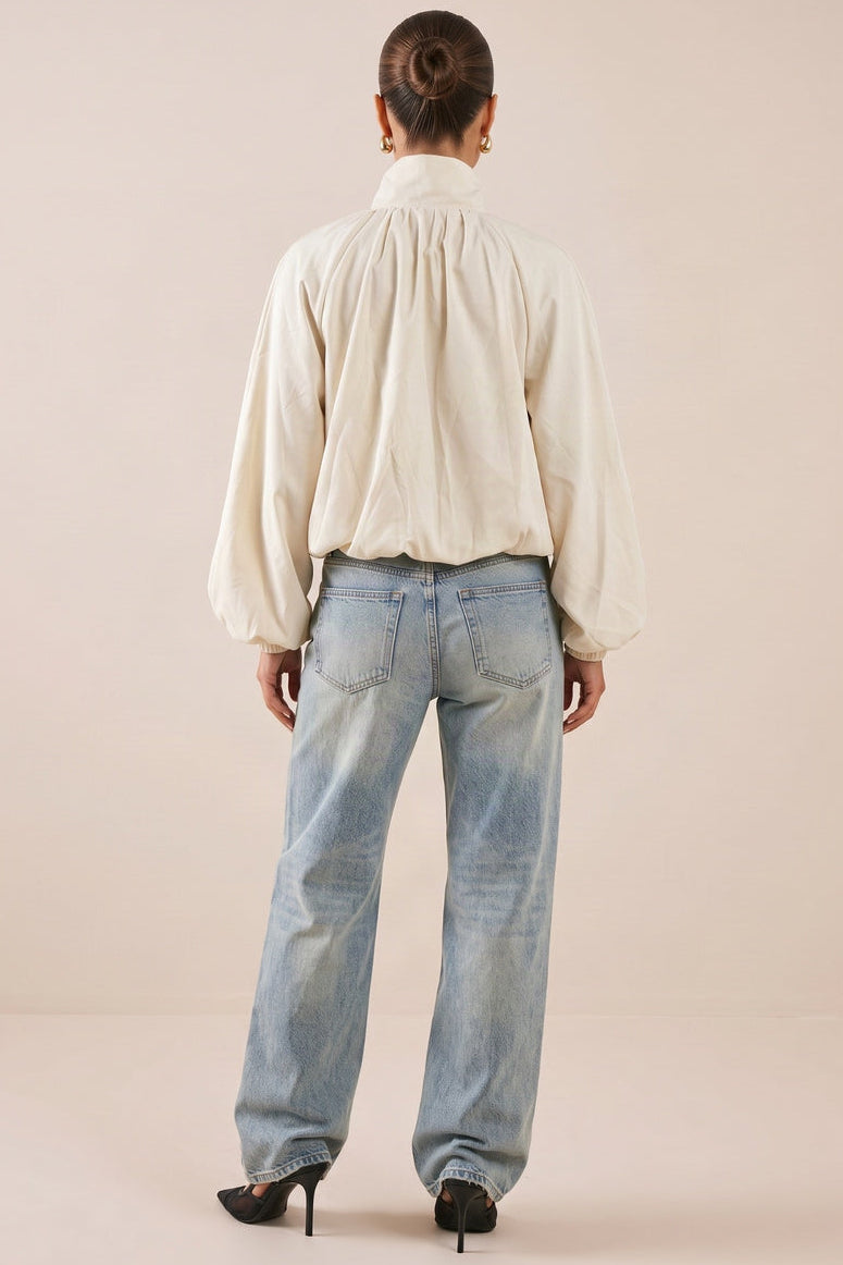 Cream Funnel Neck Zip Front Bomber Jacket - Kairi