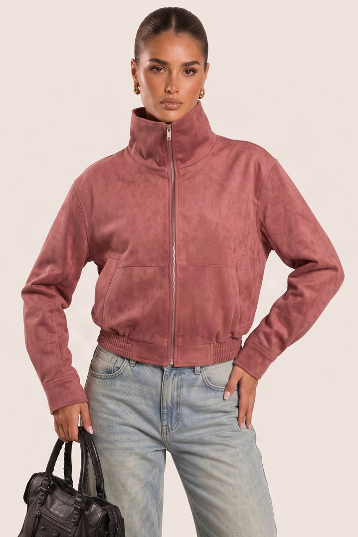 Dusky Pink Faux Suede Bomber Jacket - Reenie