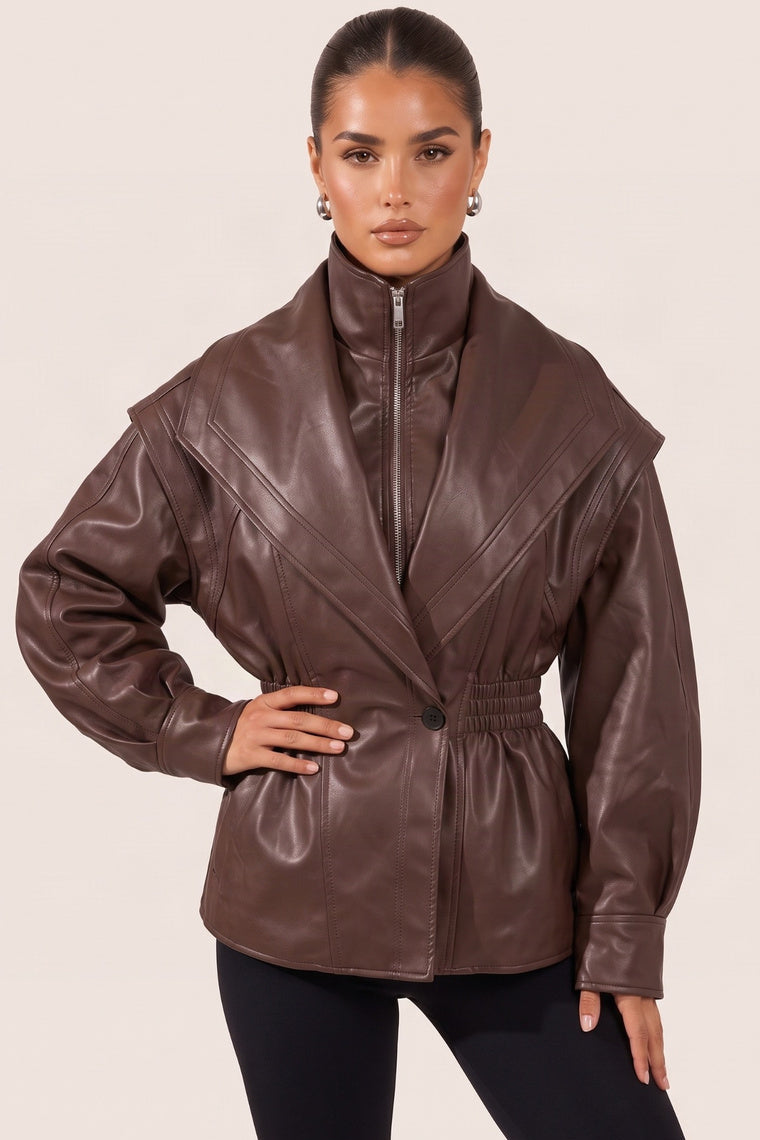Chocolate Plum PU Balloon Sleeve Cinched Waist Jacket - Laraya