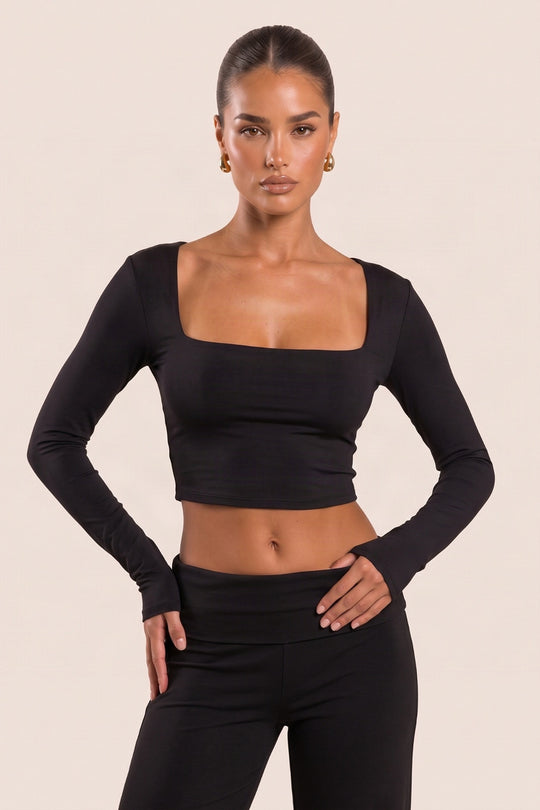 Black Slinky Square Neck Long Sleeve Crop Top - Melissa