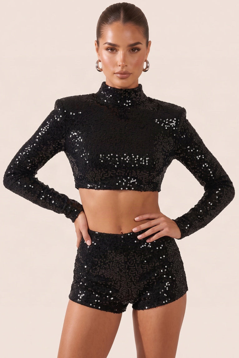 Black Sequin High Neck Crop Top and Micro Shorts Co-ord Set - Ferne