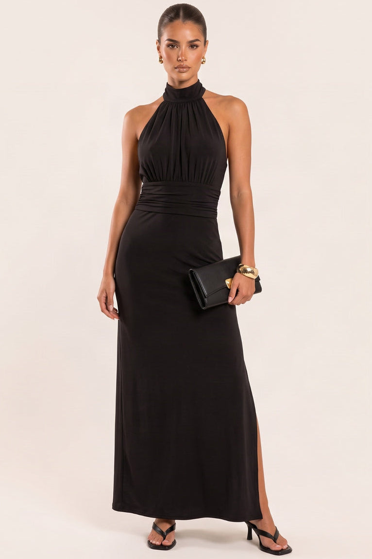 Black Blouson Halterneck Split Maxi Dress - Tarlia