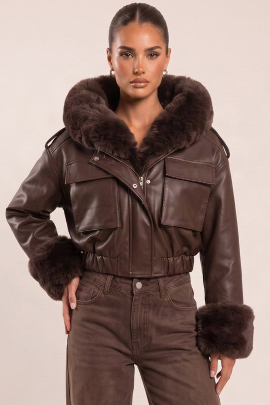 Chocolate Faux Leather Fur Lined Bomber Jacket - Larna