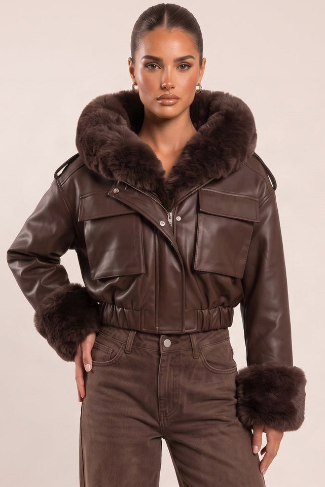 Chocolate Faux Leather Fur Lined Bomber Jacket - Larna