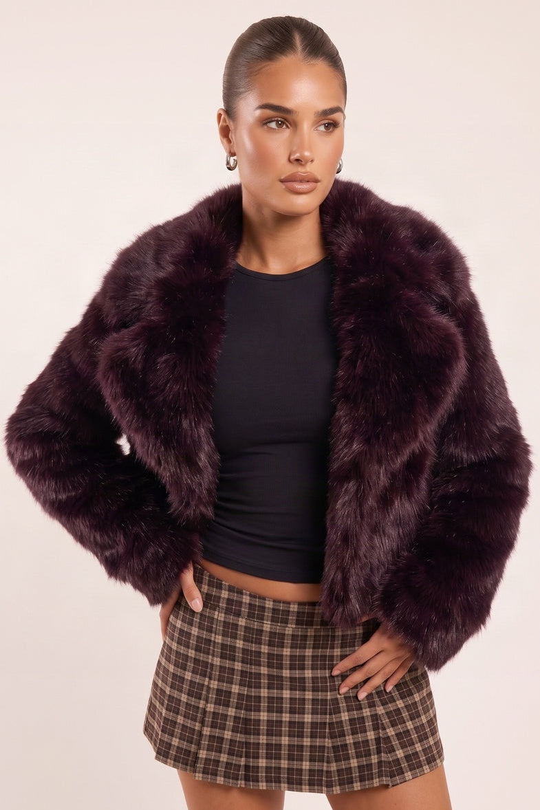 Plum Premium Chunky Collar Faux Fur Coat - Uleena