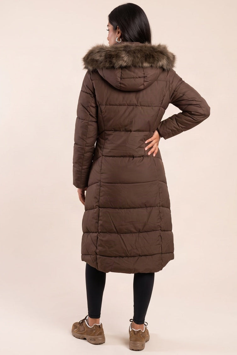 Chocolate Detachable Faux Fur Trim Hooded Maxi Puffer Coat - Prudence