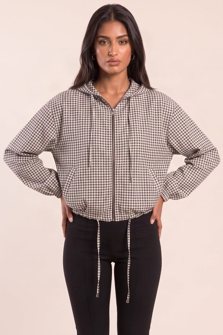 Black White Check Hooded Zip Front Bomber Jacket - Alvera