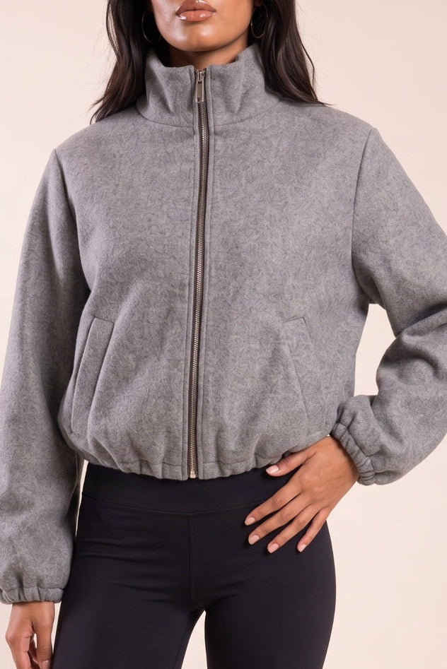 Grey Wool Look High Neck Zip Up Bomber Jacket - Jennifer