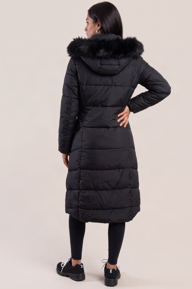 Black Detachable Faux Fur Trim Hooded Maxi Puffer Coat - Prudence