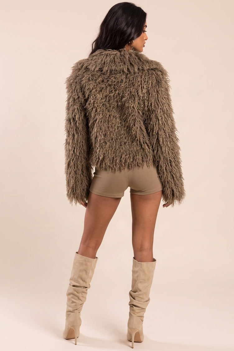 Brown Shaggy Faux Fur Jacket - Elsie