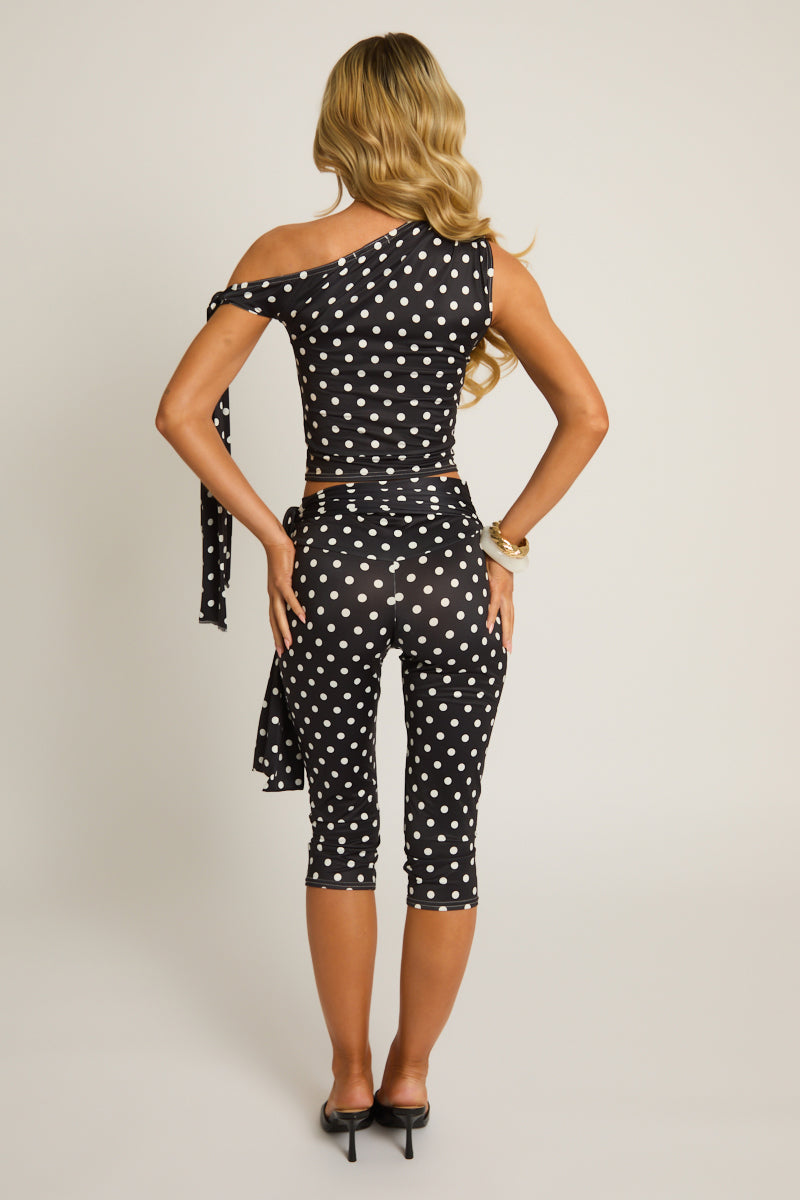 Black Polka Dot Tie Shoulder Top and Capri Pants Co-ord Set - Genna