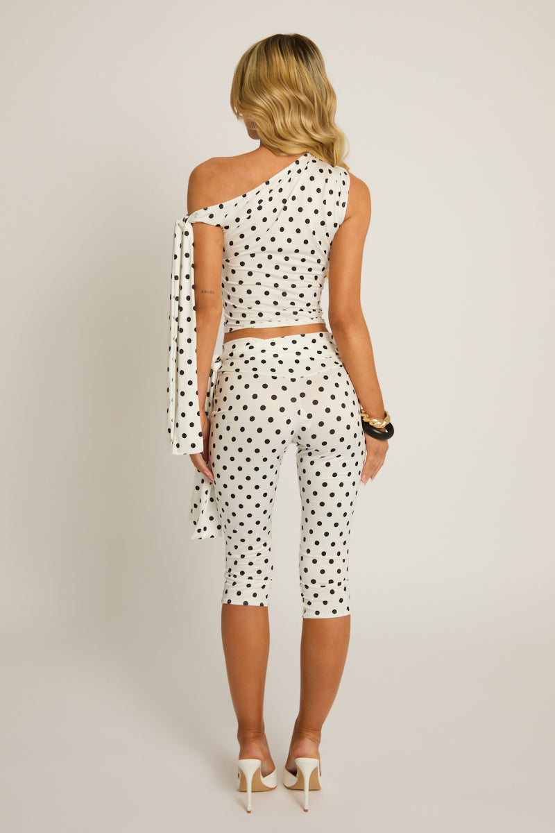White Polka Dot Tie Shoulder Top and Capri Pants Co-ord Set - Genna
