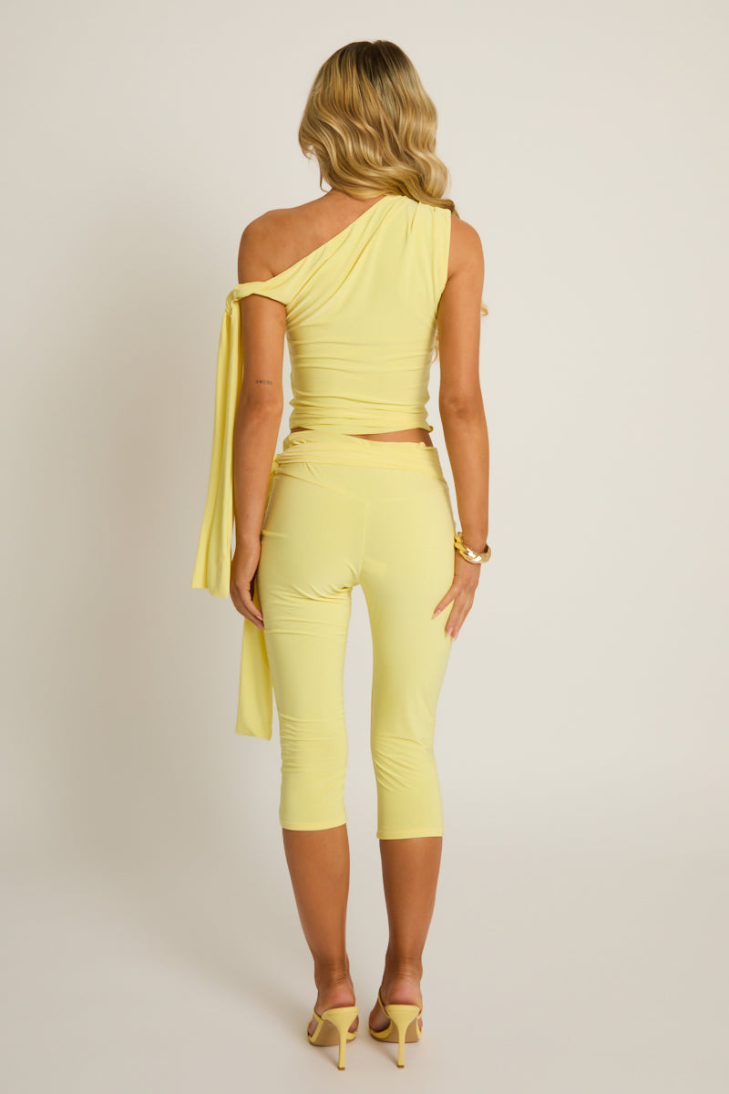 Yellow Tie Shoulder Top and Capri Pants Co-ord Set - Genna