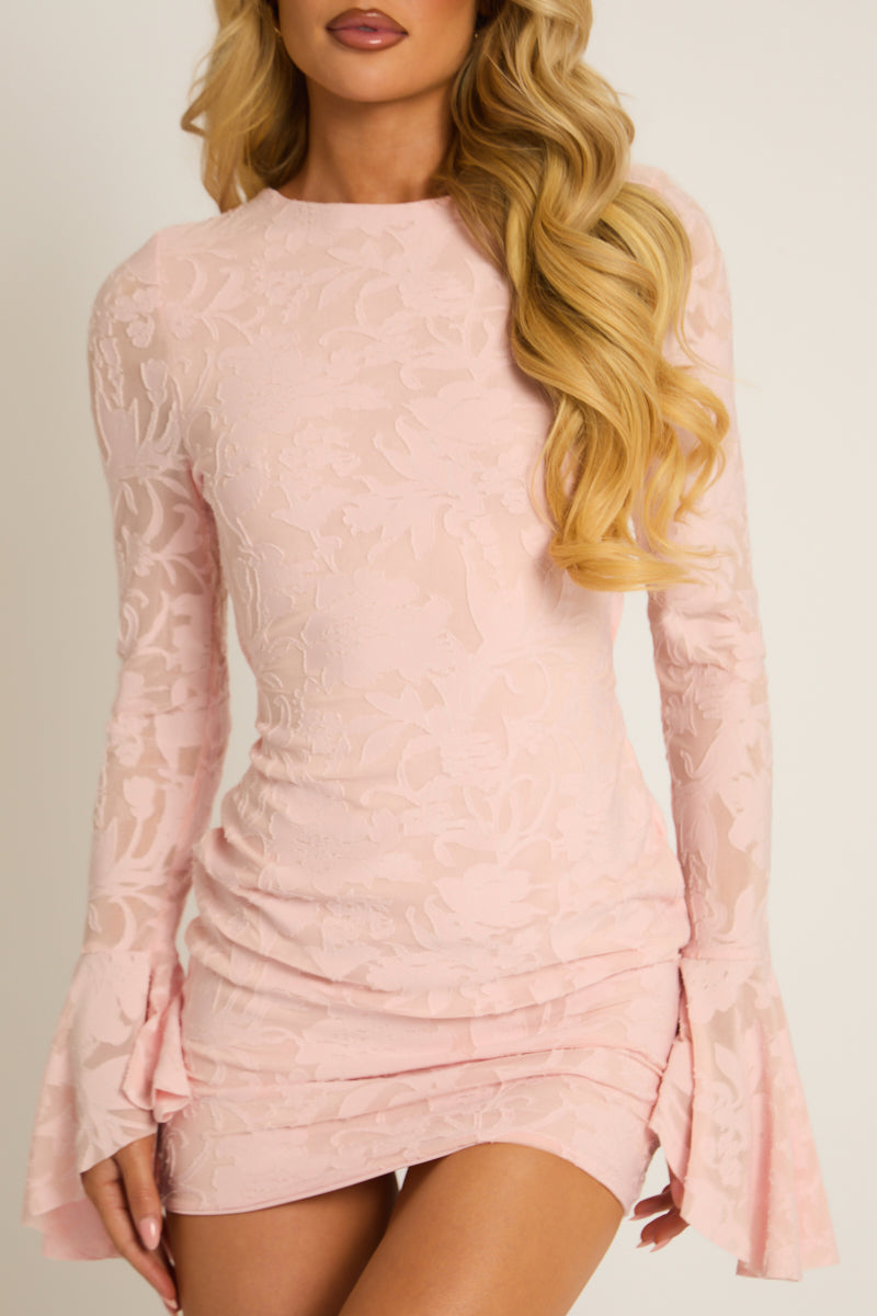 Pink Burnout Floral Flare Sleeve Mini Dress - Macey