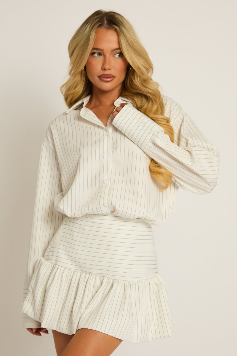 White Pinstripe Shirt and Puffball Skirt Co-ord Set - Hollia