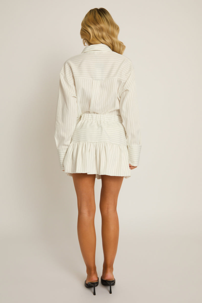White Pinstripe Shirt and Puffball Skirt Co-ord Set - Hollia