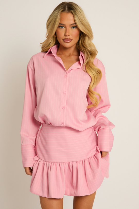 Pink Pinstripe Shirt and Puffball Skirt Co-ord Set - Hollia