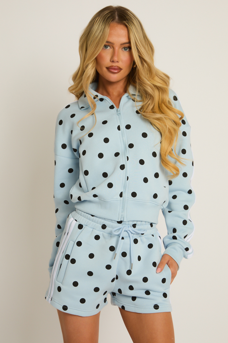 Blue Polka Dot Zip Through Jacket and Shorts Co-ord Set - Kayla