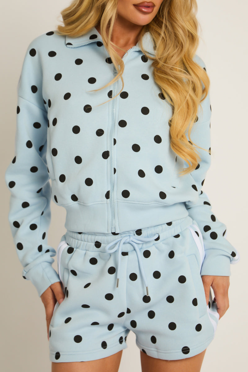 Blue Polka Dot Zip Through Jacket and Shorts Co-ord Set - Kayla