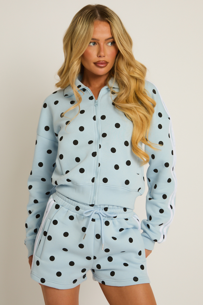 Blue Polka Dot Zip Through Jacket and Shorts Co-ord Set - Kayla