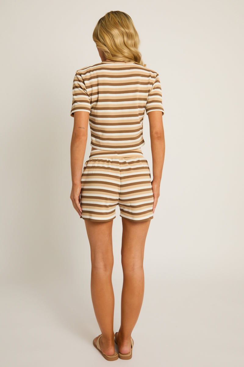 Brown Stripe Rib Top and Shorts Co-ord Set - Shauna
