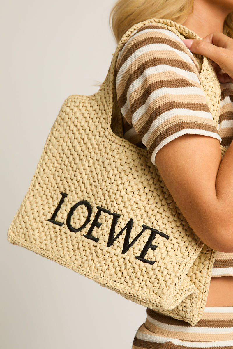 Beige Logo Detail Woven Raffia Tote Bag - Elanor
