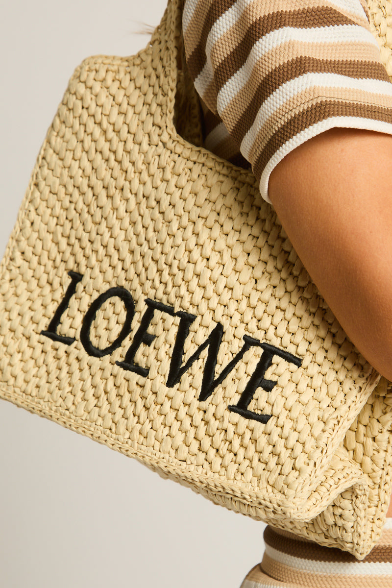 Beige Logo Detail Woven Raffia Tote Bag - Elanor