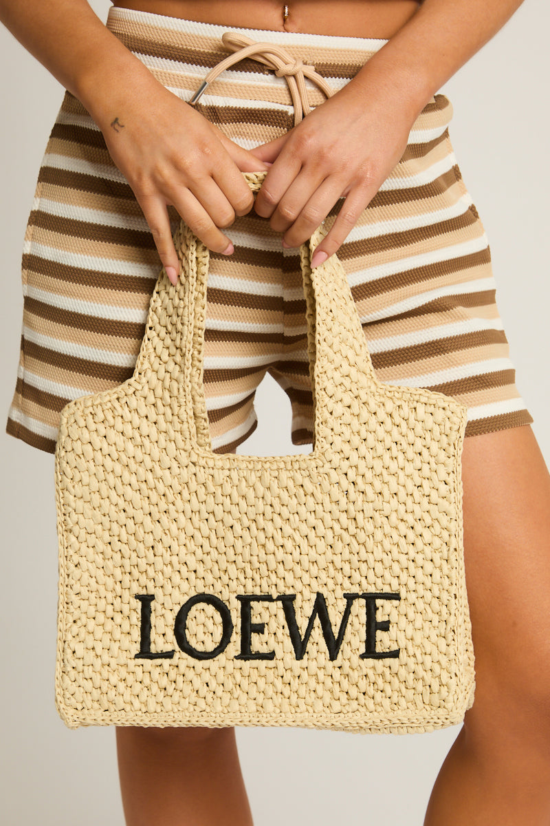Beige Logo Detail Woven Raffia Tote Bag - Elanor