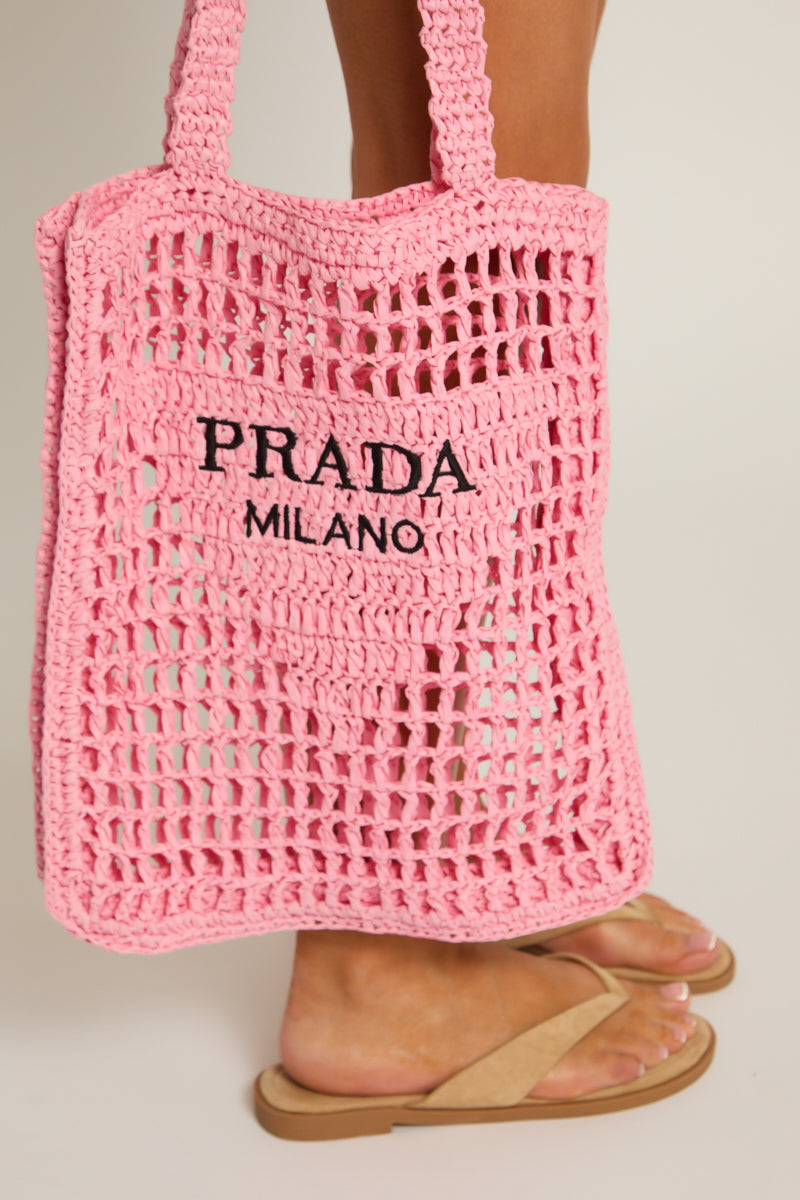 Pink Logo Detail Raffia Tote Bag - Shaya