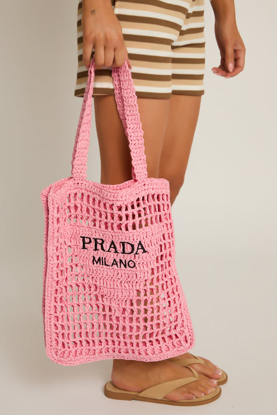 Pink Logo Detail Raffia Tote Bag - Shaya