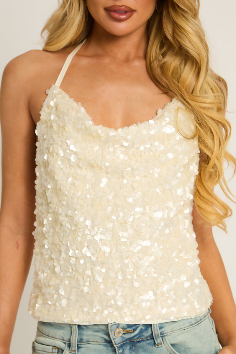 Cream Sequin Cowl Halterneck Top - Maddy