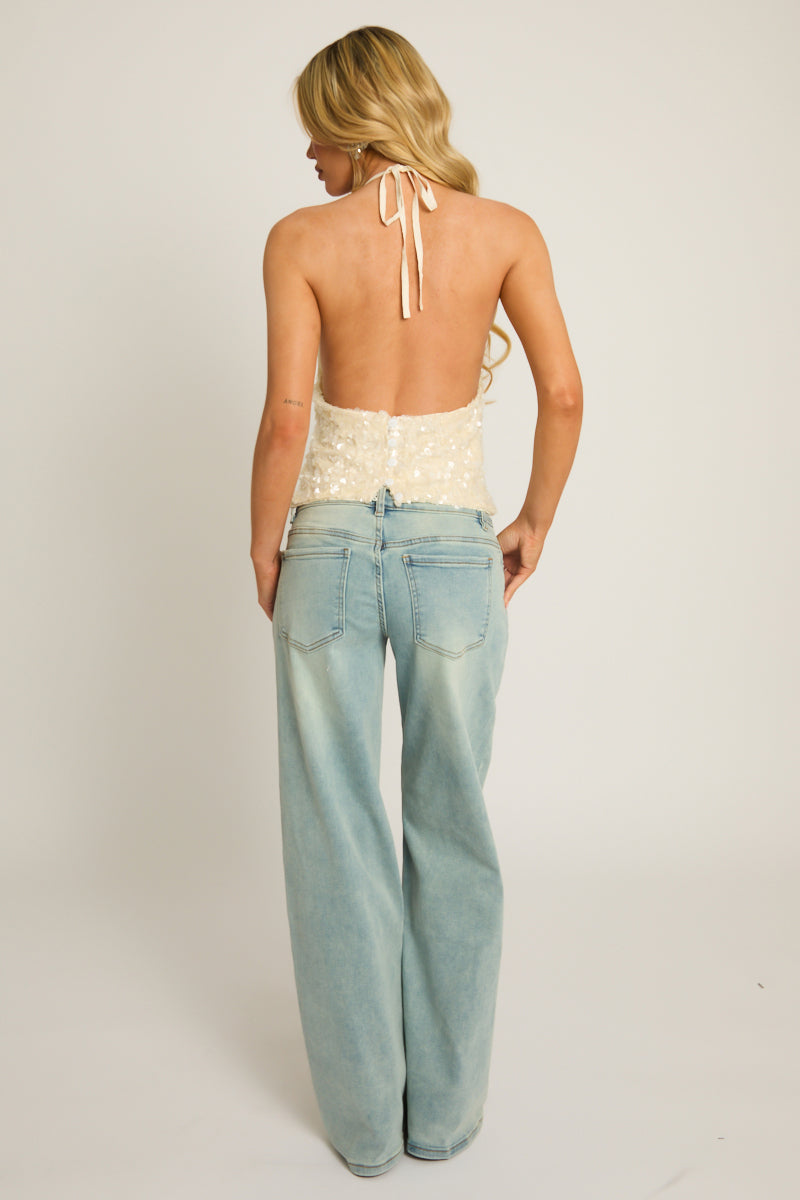 Cream Sequin Cowl Halterneck Top - Maddy