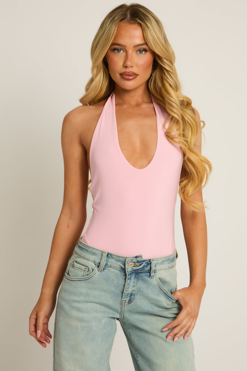 Pink Plunge Halterneck Bodysuit - Serena