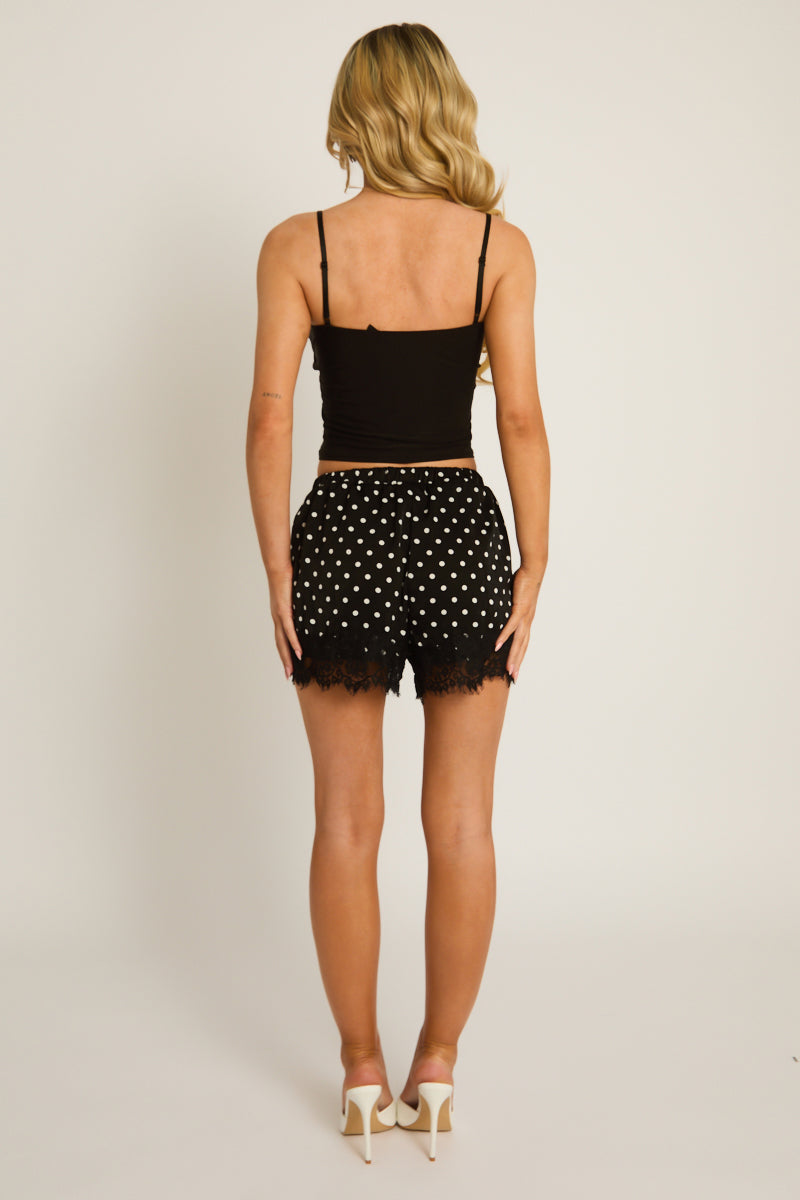 Black Polka Dot Satin Lace Trim Shorts - Kyza