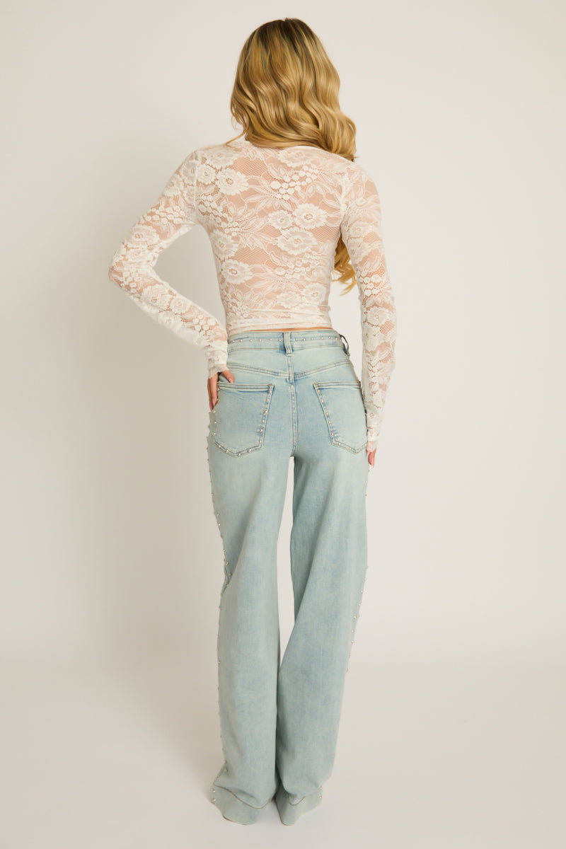White Lace Sleeve Long Sleeve Top - Asha
