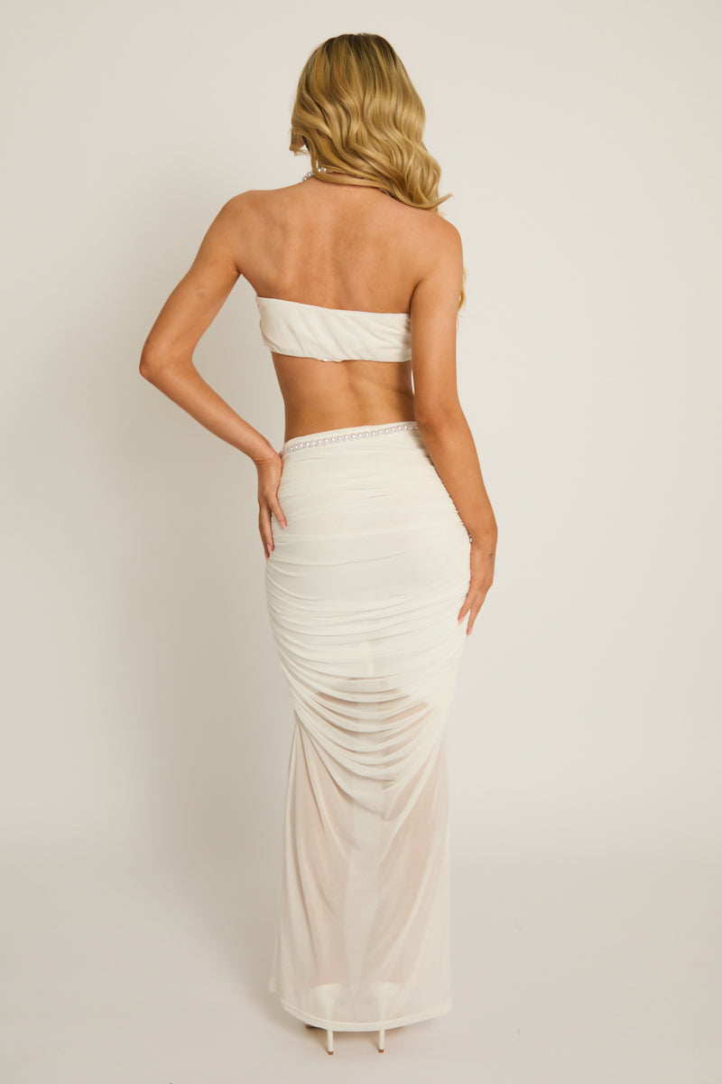 White Pearl Detail Mesh Top and Maxi Skirt Co-ord Set - Rhianna