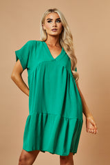 Green V-Neck Tiered Frill Mini Dress - Kate