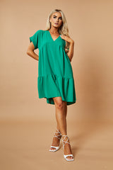 Green V-Neck Tiered Frill Mini Dress - Kate