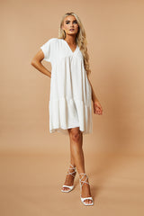 White V-Neck Tiered Frill Mini Dress - Kate