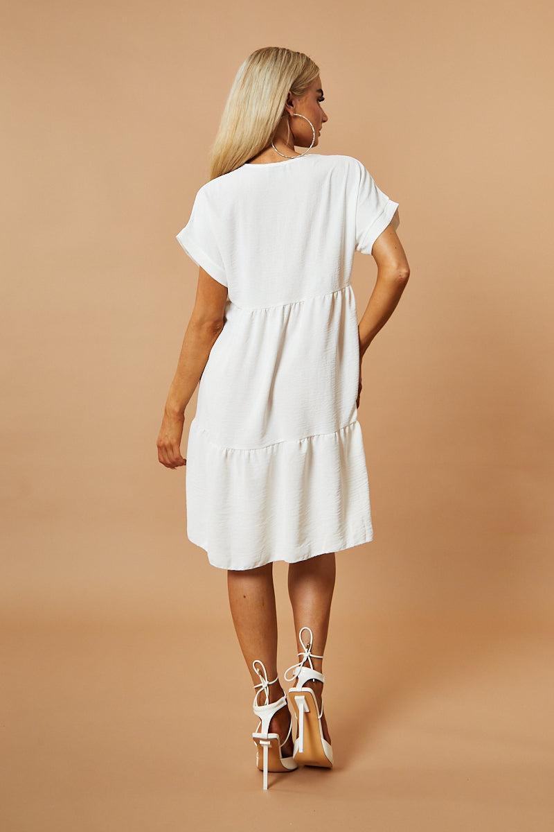 White V-Neck Tiered Frill Mini Dress - Kate