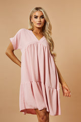 Pink V-Neck Tiered Frill Mini Dress - Kate